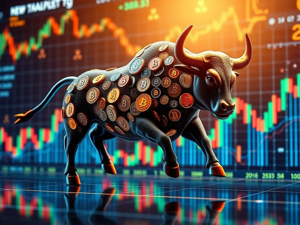 A digital bull charges across a Bitcoin price chart, illustrating a bull flag pattern and potential BTC breakout towards new highs.