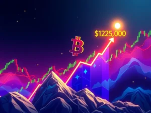 A digital chart showing Bitcoin's price forming a bullish flag pattern, indicating potential for a significant surge towards its all-time high.