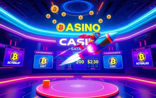 A vibrant digital arena showing a Bitcoin Casino tournament leaderboard with glowing cash prizes, representing the excitement of Bitcoin betting.