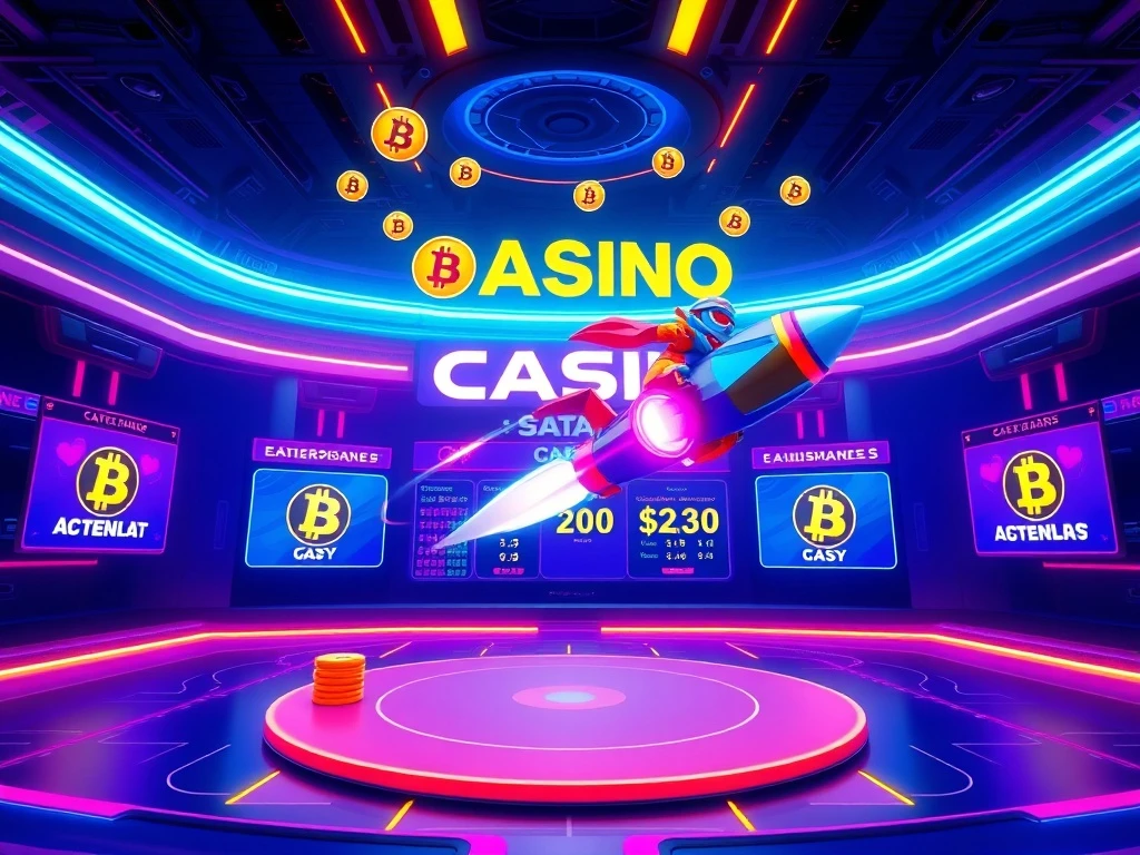 A vibrant digital arena showing a Bitcoin Casino tournament leaderboard with glowing cash prizes, representing the excitement of Bitcoin betting.