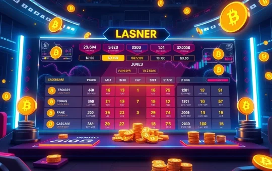 A dynamic graphic showing a Bitcoin Casino tournament interface with a leaderboard and digital cash prizes, highlighting the blockchain-powered competitive gaming experience.