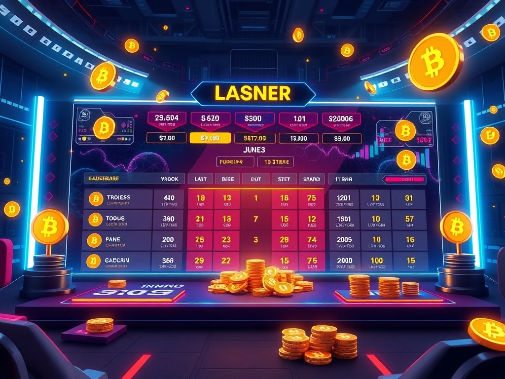 A dynamic graphic showing a Bitcoin Casino tournament interface with a leaderboard and digital cash prizes, highlighting the blockchain-powered competitive gaming experience.