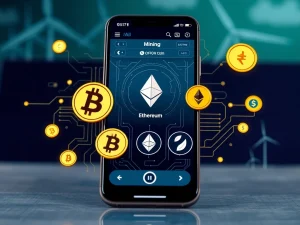 A mobile phone displaying the Quid Miner app, symbolizing accessible Bitcoin Cloud Mining with AI and green energy.