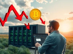An investor calmly looking at a screen showing stable returns from cloud mining, contrasting with a volatile Bitcoin chart, symbolizing the shift to secure cloud mining.