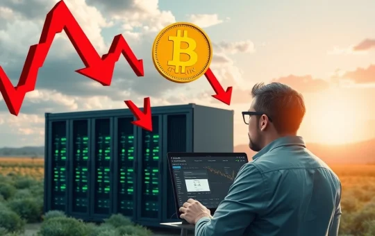 An investor calmly looking at a screen showing stable returns from cloud mining, contrasting with a volatile Bitcoin chart, symbolizing the shift to secure cloud mining.
