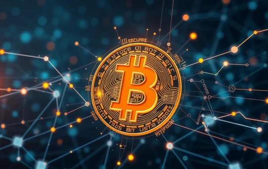 A visual representation of Bitcoin's blockchain integrating ZK fraud proofs, symbolizing enhanced Bitcoin DeFi security and compliance.