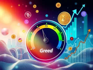 A Bitcoin Fear & Greed Index dial showing 'Greed' at 75, illustrating current market sentiment and investor optimism.