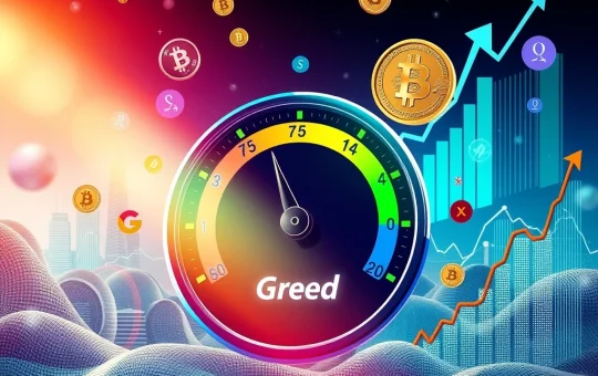 A Bitcoin Fear & Greed Index dial showing 'Greed' at 75, illustrating current market sentiment and investor optimism.