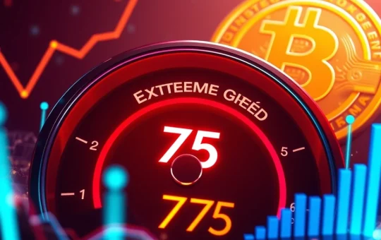 A digital meter indicating the Bitcoin Fear Greed Index at 75, symbolizing high crypto market sentiment and potential overvaluation.