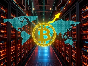 A visual representation of Bitcoin hashrate reaching record levels, emphasizing the strength and security of the Bitcoin network.