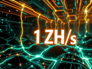 A visual representation of the Bitcoin hashrate surging to 1 ZH/s, depicting the immense computational power driving the network.
