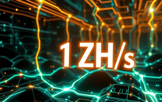 A visual representation of the Bitcoin hashrate surging to 1 ZH/s, depicting the immense computational power driving the network.