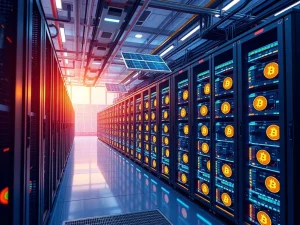Illustration of Bitcoin mining rigs efficiently processing data, symbolizing the surging Bitcoin hashrate and robust network security.