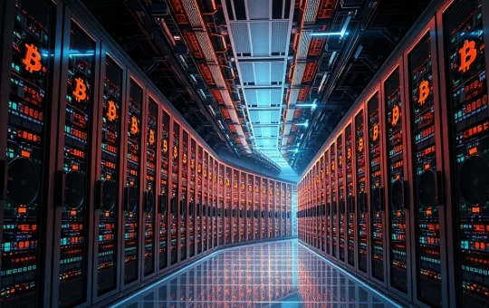 Illustration of Bitcoin mining rigs efficiently processing data, symbolizing the surging Bitcoin hashrate and robust network security.