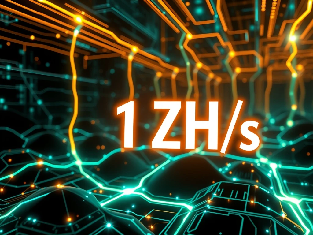A visual representation of the Bitcoin hashrate surging to 1 ZH/s, depicting the immense computational power driving the network.
