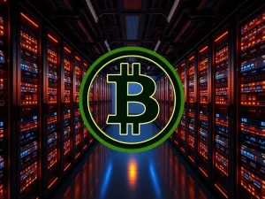 A visual representation of Bitcoin's surging hashrate, showing powerful servers and global connectivity, symbolizing enhanced Bitcoin mining and network security.