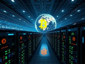A visual representation of the immense power and global reach of Bitcoin hashrate, showing advanced mining operations driven by AI.