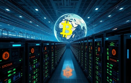 A visual representation of the immense power and global reach of Bitcoin hashrate, showing advanced mining operations driven by AI.