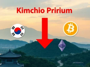 A chart showing the Bitcoin Kimchi Premium falling, illustrating South Korea's crypto prices lagging global markets due to unusual market dynamics.