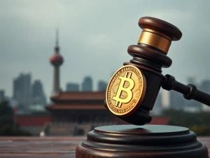 A gavel and Bitcoin symbol representing the Beijing conviction in a major Bitcoin laundering case.
