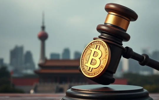 A gavel and Bitcoin symbol representing the Beijing conviction in a major Bitcoin laundering case.