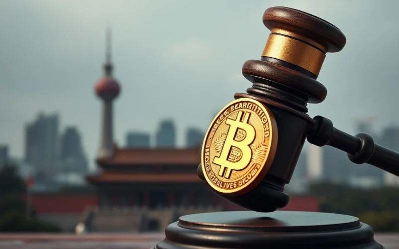 A gavel and Bitcoin symbol representing the Beijing conviction in a major Bitcoin laundering case.