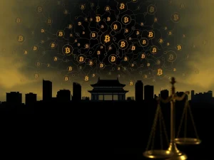 A visual representation of complex Bitcoin laundering, with digital currency symbols flowing through a network, against a backdrop of Beijing buildings, symbolizing a major crypto fraud.