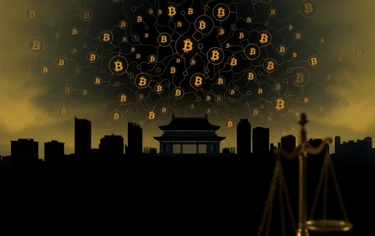 A visual representation of complex Bitcoin laundering, with digital currency symbols flowing through a network, against a backdrop of Beijing buildings, symbolizing a major crypto fraud.