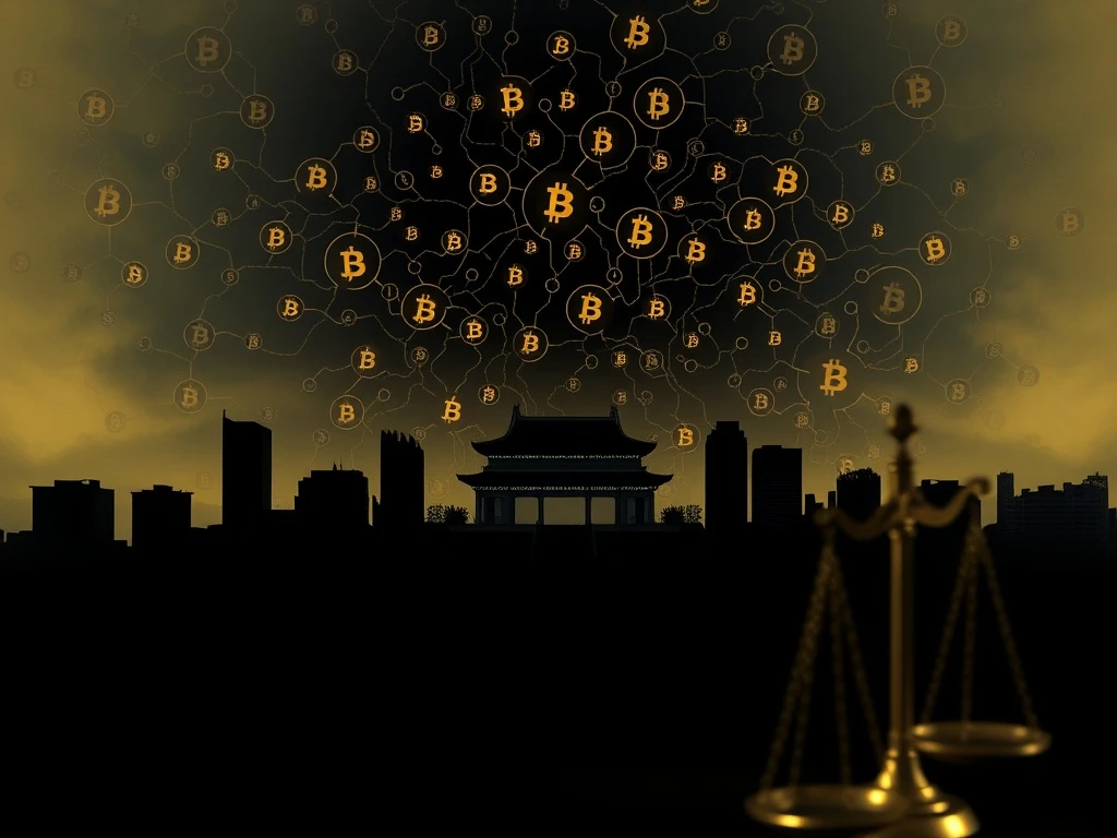 A visual representation of complex Bitcoin laundering, with digital currency symbols flowing through a network, against a backdrop of Beijing buildings, symbolizing a major crypto fraud.