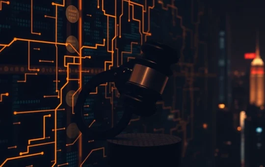 A gavel striking a Bitcoin symbol, representing the legal consequences of a major Bitcoin laundering scheme in China.