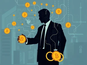 Visualizing the impact of a massive Bitcoin laundering scheme, showing digital currency symbols and legal scales, emphasizing crypto fraud.
