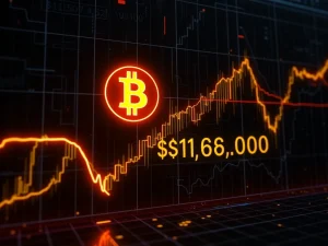A Bitcoin price chart showing a critical support level at $114,000, illustrating the potential for a significant Bitcoin liquidation event.