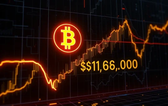 A Bitcoin price chart showing a critical support level at $114,000, illustrating the potential for a significant Bitcoin liquidation event.