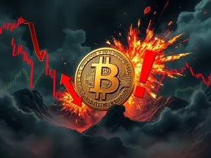 A volatile Bitcoin price chart showing a sharp decline, illustrating the significant liquidation risks stemming from high open interest in the crypto market.