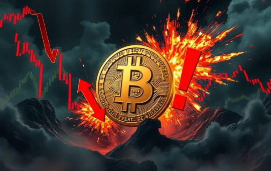 A volatile Bitcoin price chart showing a sharp decline, illustrating the significant liquidation risks stemming from high open interest in the crypto market.