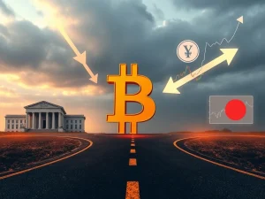A visual metaphor for Bitcoin's crucial crossroads, depicting the intersection of Fed policy, Yen strength, and technical signals impacting Bitcoin price in a volatile market.