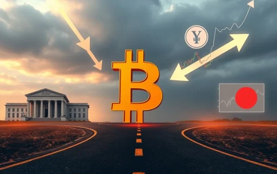A visual metaphor for Bitcoin's crucial crossroads, depicting the intersection of Fed policy, Yen strength, and technical signals impacting Bitcoin price in a volatile market.