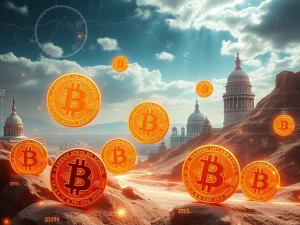 Bitcoin price chart soaring amidst representations of financial policy decisions and global trade, illustrating its pivotal surge in the crypto market.