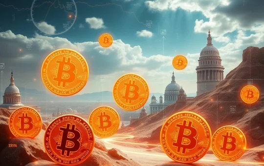 Bitcoin price chart soaring amidst representations of financial policy decisions and global trade, illustrating its pivotal surge in the crypto market.
