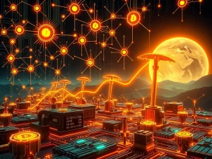 Bitcoin mining difficulty represented by glowing digital circuits and pickaxes, showing the intense competition in the Bitcoin network.