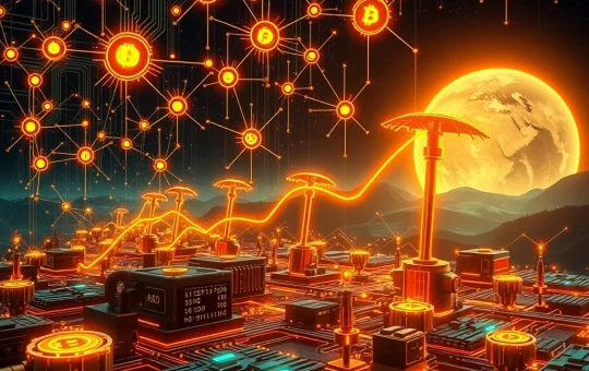 Bitcoin mining difficulty represented by glowing digital circuits and pickaxes, showing the intense competition in the Bitcoin network.