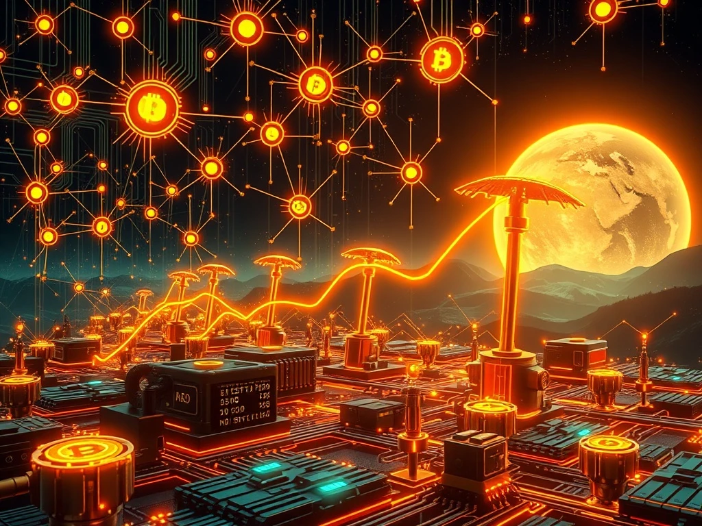 Bitcoin mining difficulty represented by glowing digital circuits and pickaxes, showing the intense competition in the Bitcoin network.