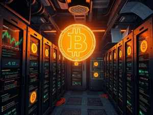 Bitcoin mining facility showcasing advanced ASIC machines and energy-efficient technology