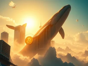 A digital depiction of Bitcoin's price chart breaking a new all-time high, fueled by institutional Bitcoin adoption and whale activity.
