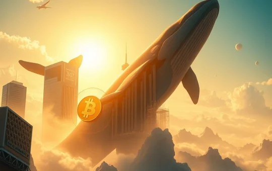 A digital depiction of Bitcoin's price chart breaking a new all-time high, fueled by institutional Bitcoin adoption and whale activity.