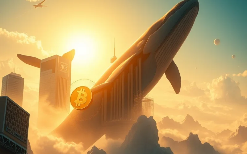 A digital depiction of Bitcoin's price chart breaking a new all-time high, fueled by institutional Bitcoin adoption and whale activity.