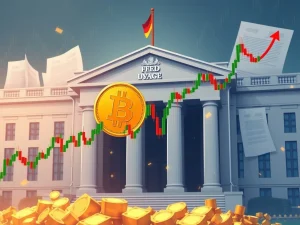 Bitcoin price chart with Fed policy documents reflecting market uncertainty
