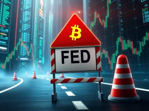 Bitcoin price chart with roadblock showing Fed's impact on crypto bull run