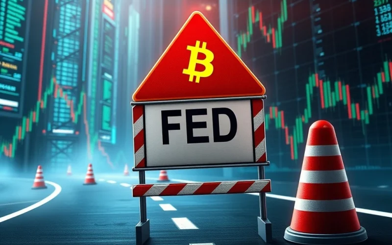 Bitcoin price chart with roadblock showing Fed's impact on crypto bull run