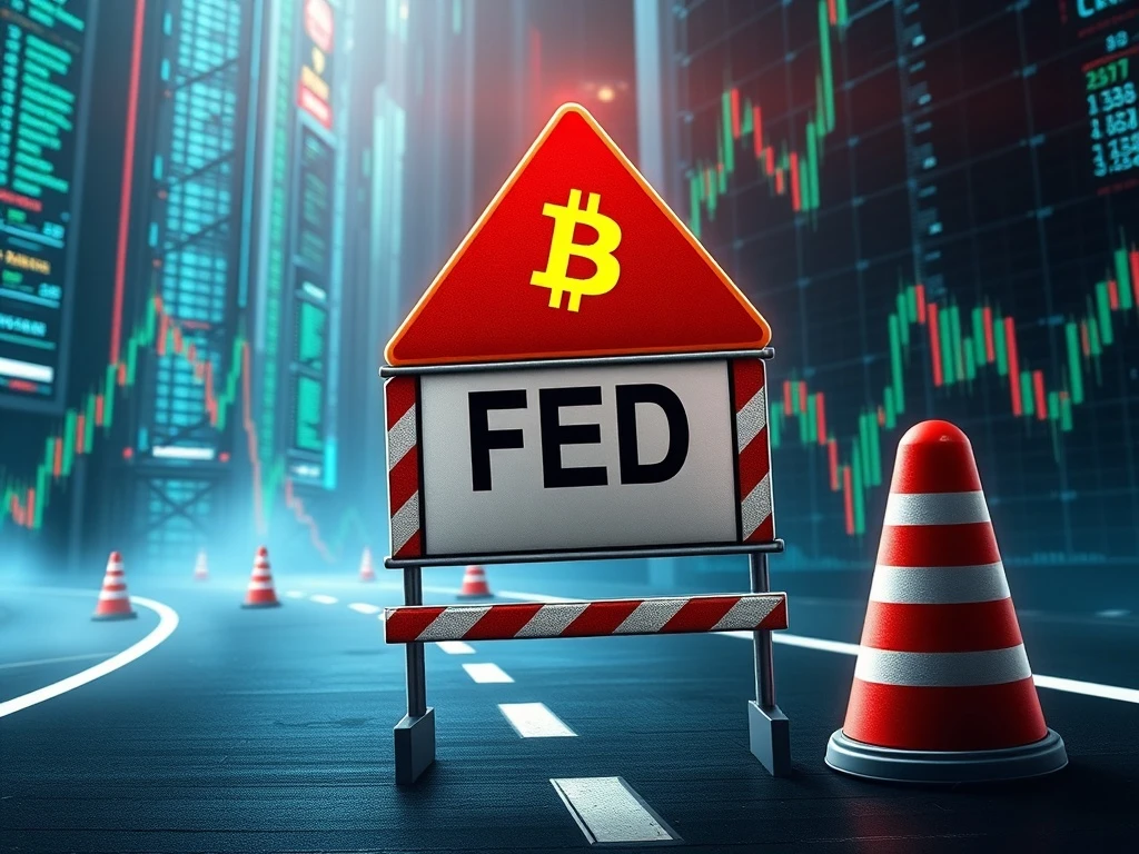 Bitcoin price chart with roadblock showing Fed's impact on crypto bull run